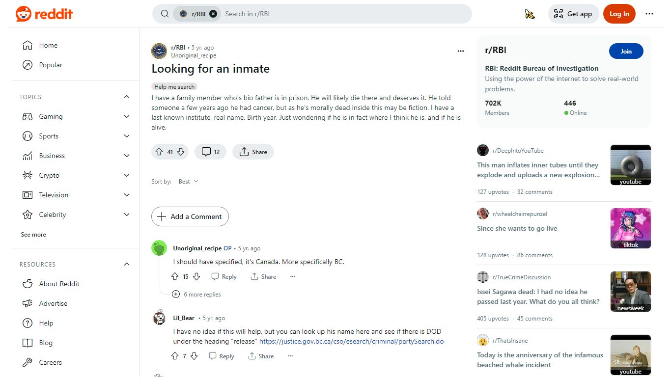 Looking for an inmate : r/RBI - Reddit